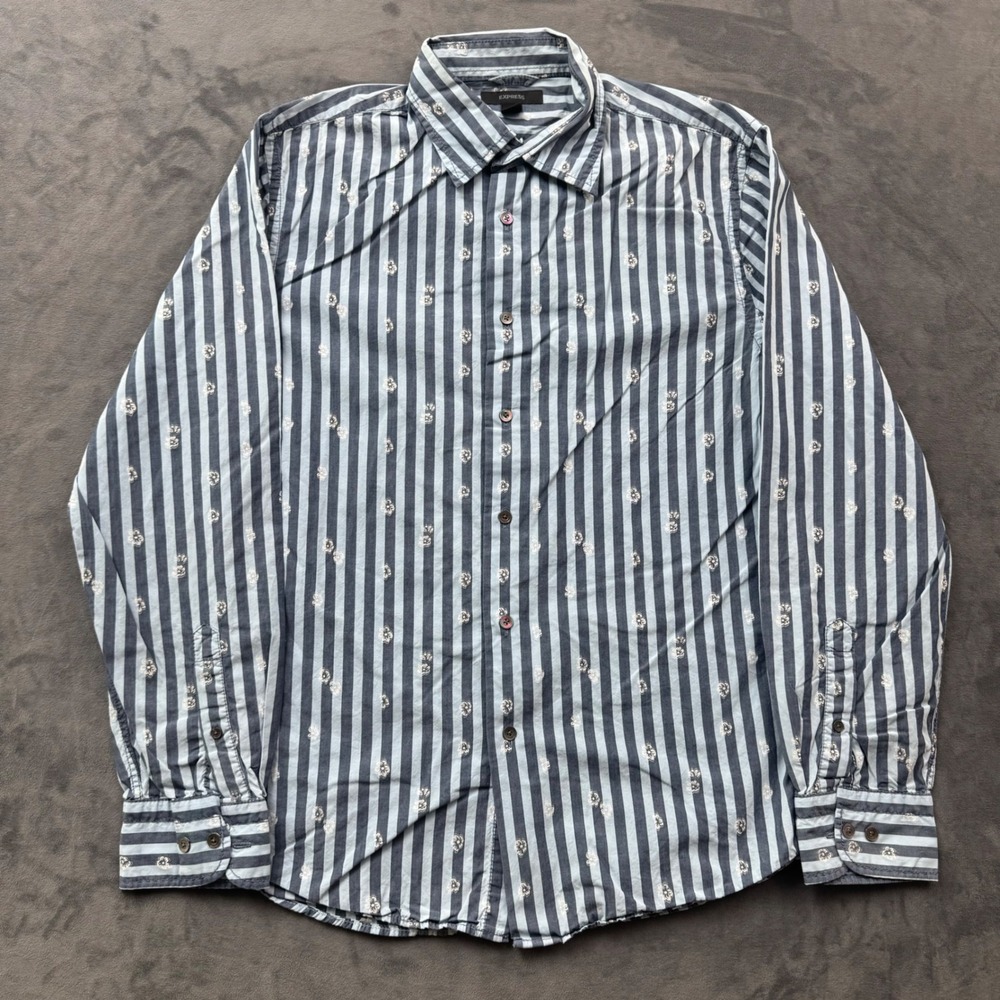 Express Mens Modern Fit Striped Floral Button Up Shirt Navy Blue Medium M